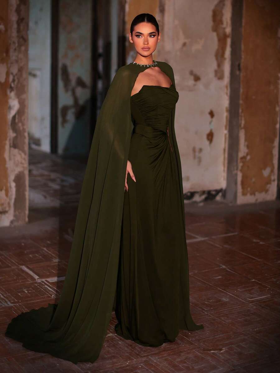 SDE3273 Military Green Stretch Knit & Chiffon Gown with Flowing Shawl