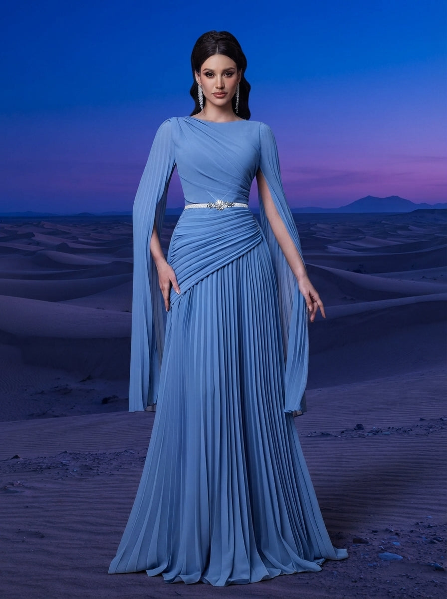 SDE3268 Blue Chiffon Pleated Evening Gown with Detachable Silver Belt