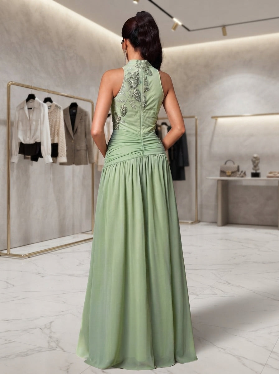 SDE3284 Luxury 3D Floral Sequin Asymmetric Pleated Gown