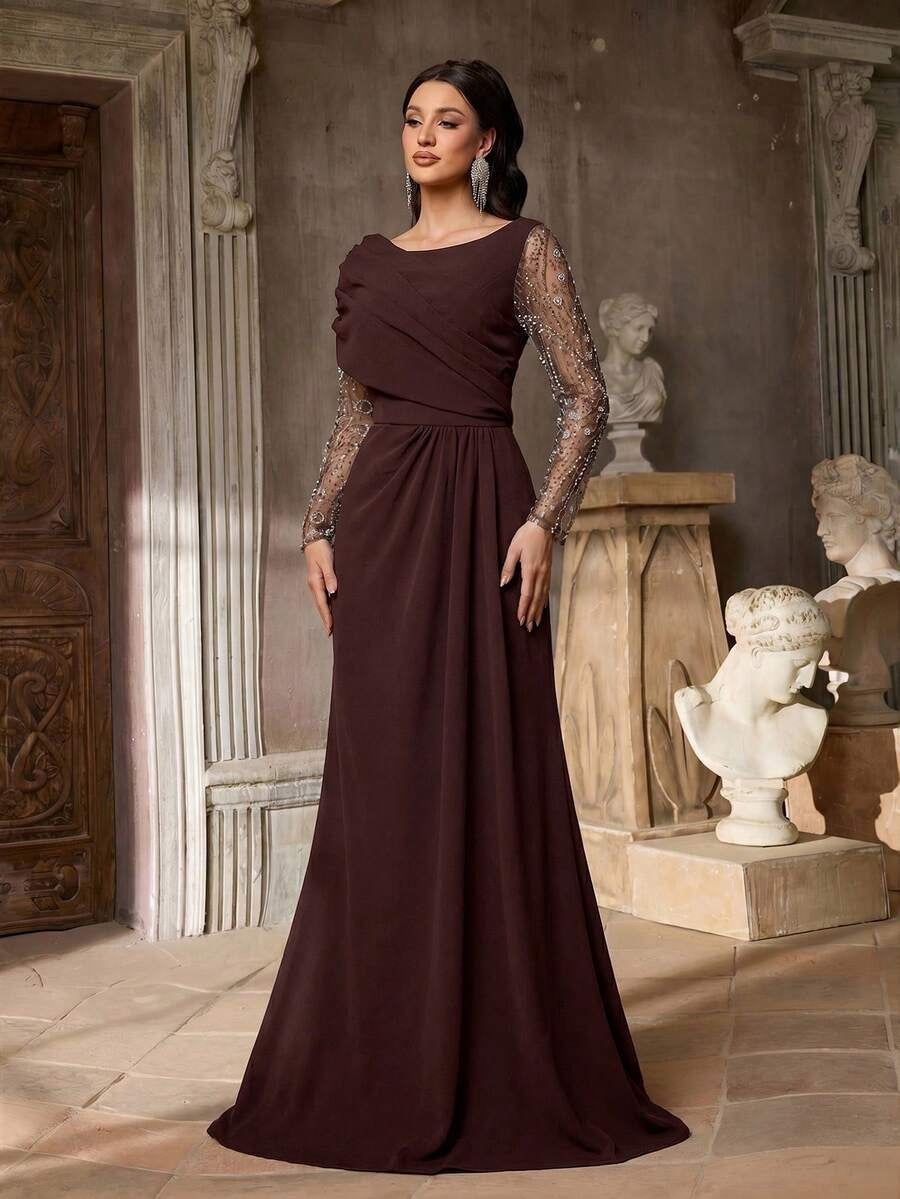 SDE3259 Luxury Beaded Sequin Mesh Ruched Mermaid Skirt