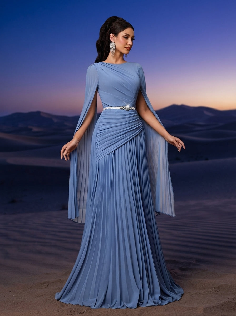 SDE3268 Blue Chiffon Pleated Evening Gown with Detachable Silver Belt