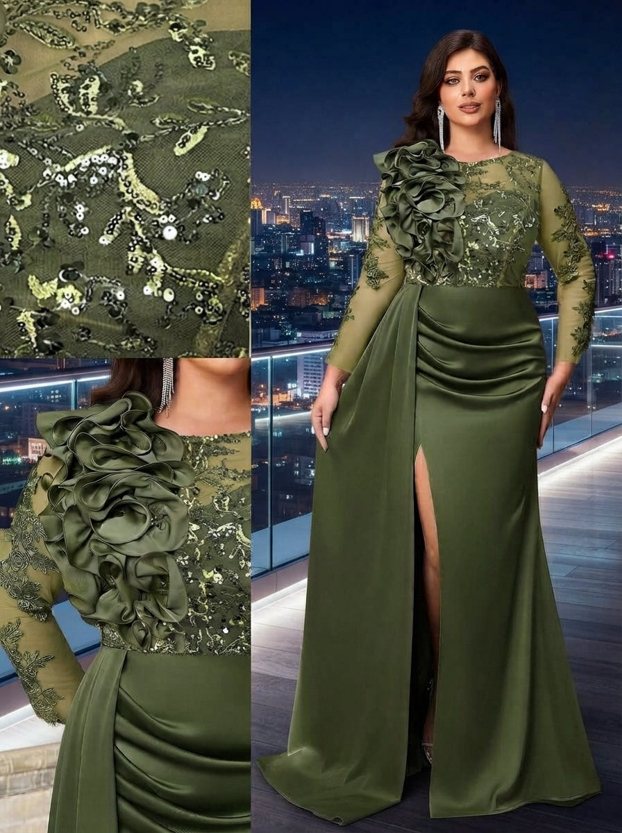 SDE3272 Plus Size Olive Green Beaded Taffeta High-Slit Gown