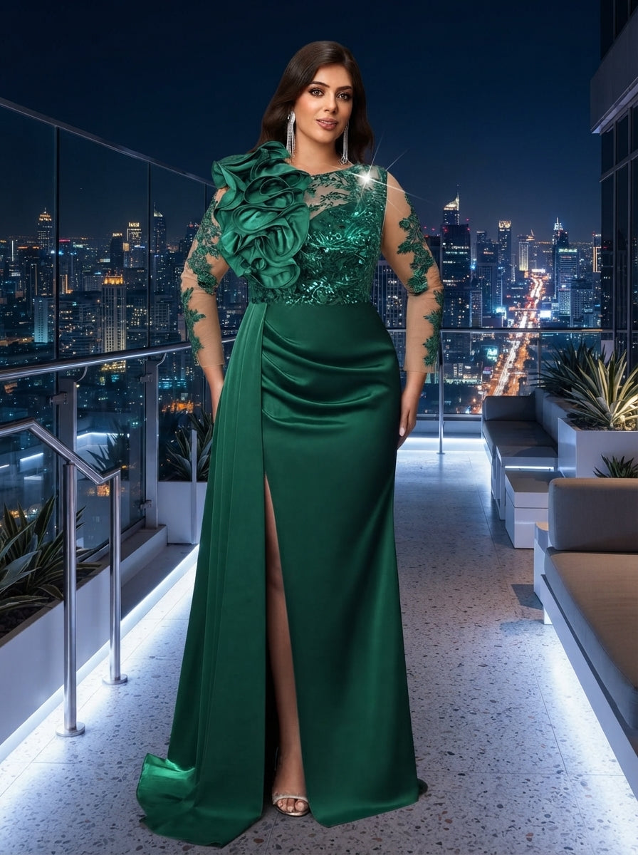 SDE3272 Plus Size Olive Green Beaded Taffeta High-Slit Gown