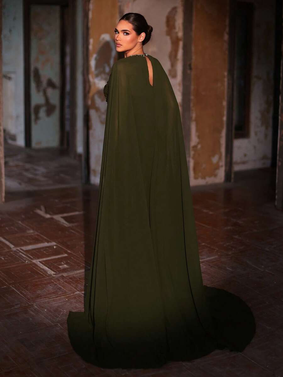 SDE3273 Military Green Stretch Knit & Chiffon Gown with Flowing Shawl