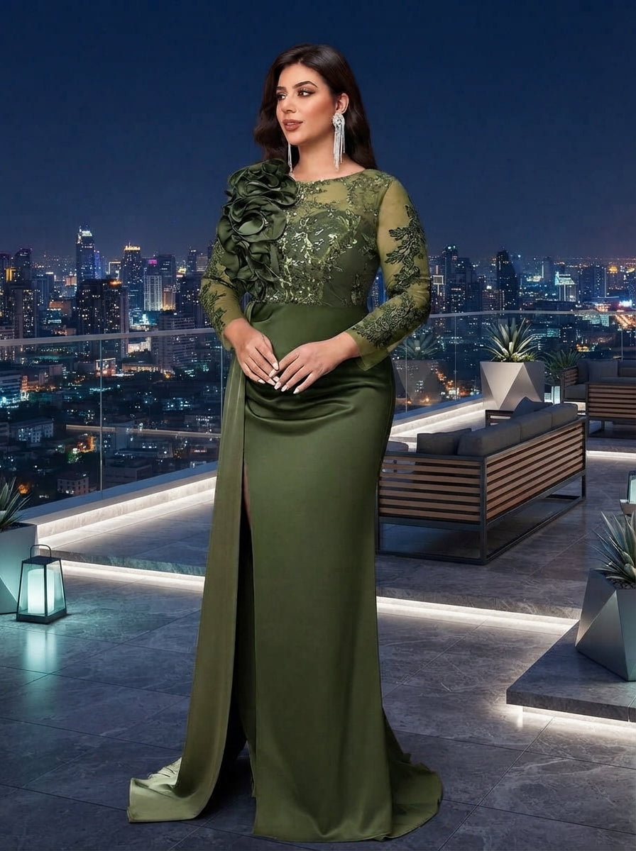 SDE3272 Plus Size Olive Green Beaded Taffeta High-Slit Gown