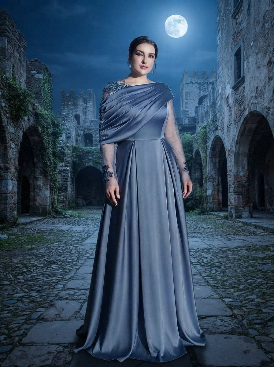 SDE3265 Plus Size Gray-Blue Satin Mesh Applique A-Line Gown