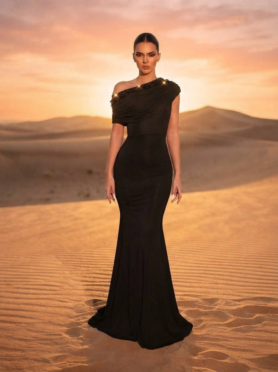 SDE3263 Black Sequined Embroidery One-Shoulder Fishtail Gown