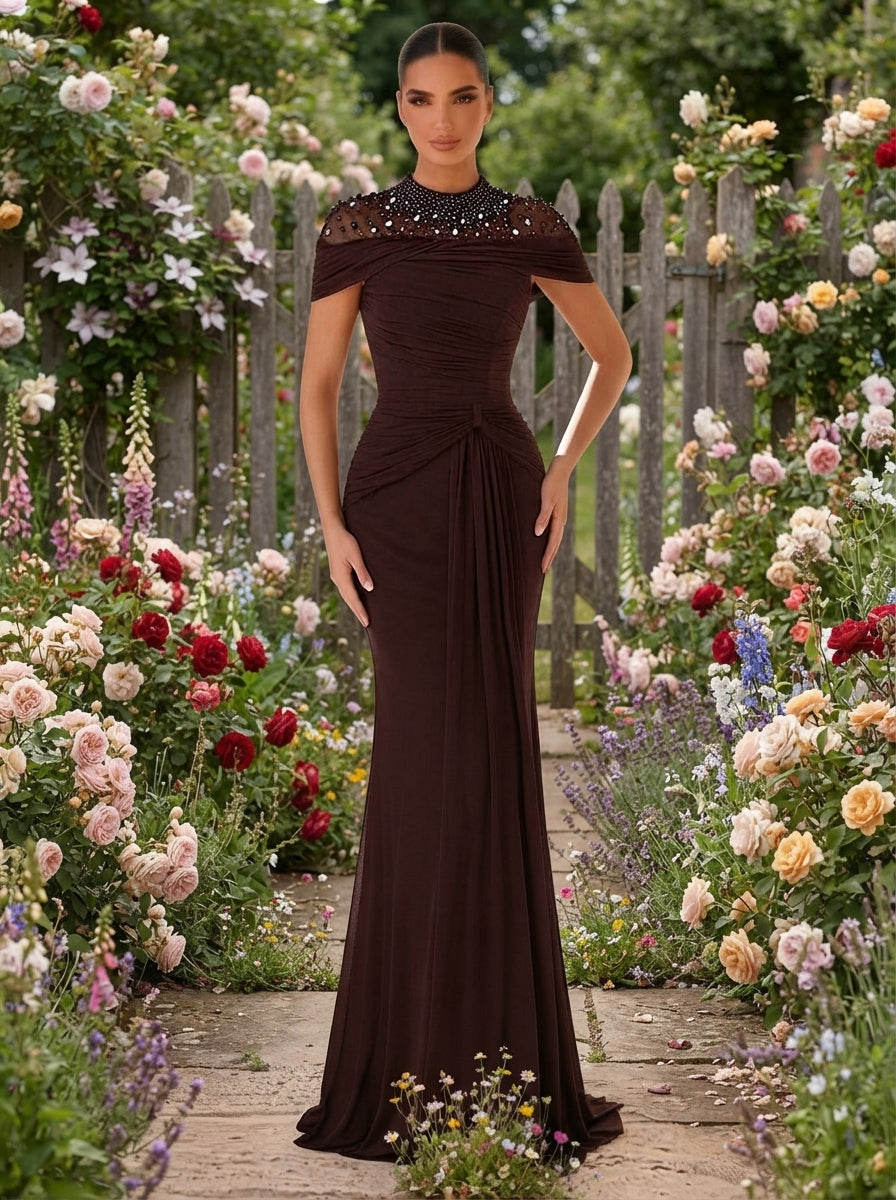 SDE3269 Luxury Diamond Sheer Splice Ruched Fishtail Gown
