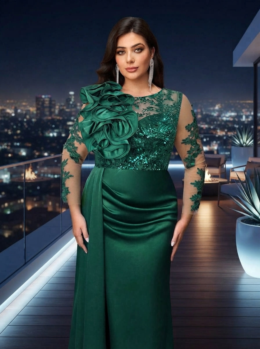 SDE3272 Plus Size Olive Green Beaded Taffeta High-Slit Gown