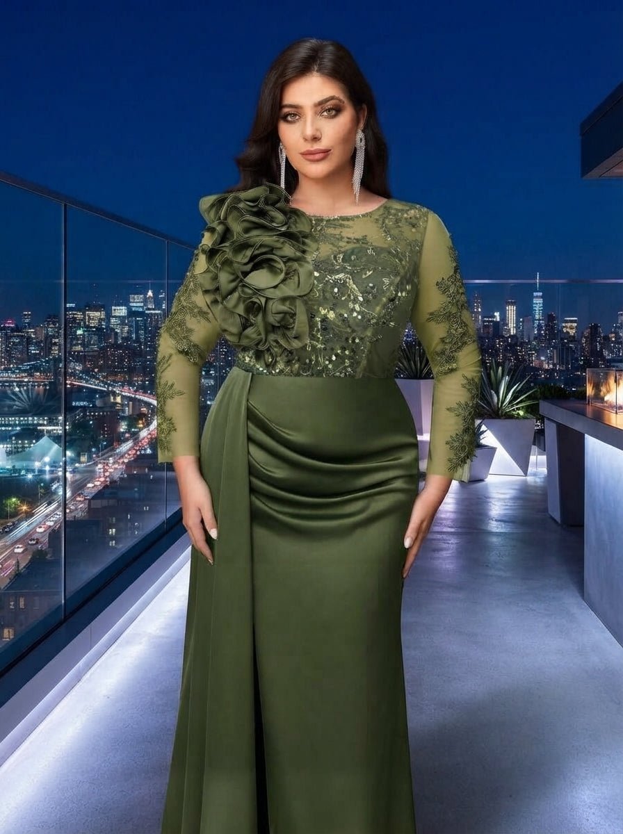 SDE3272 Plus Size Olive Green Beaded Taffeta High-Slit Gown