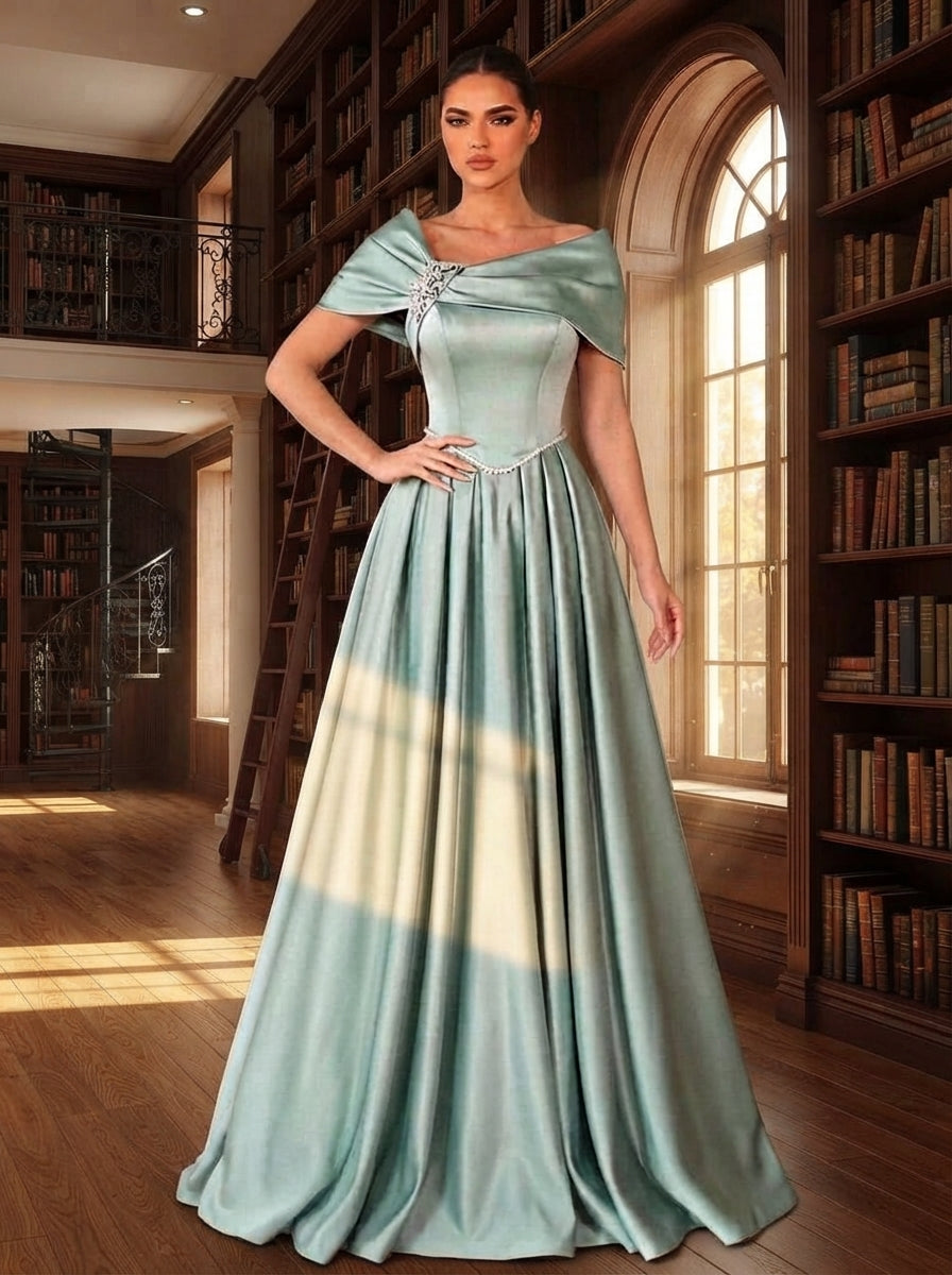 SDE3258 Light Gray-Green Satin Rhinestone Asymmetric Evening Gown