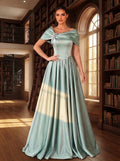 SDE3258 Light Gray-Green Satin Rhinestone Asymmetric Evening Gown