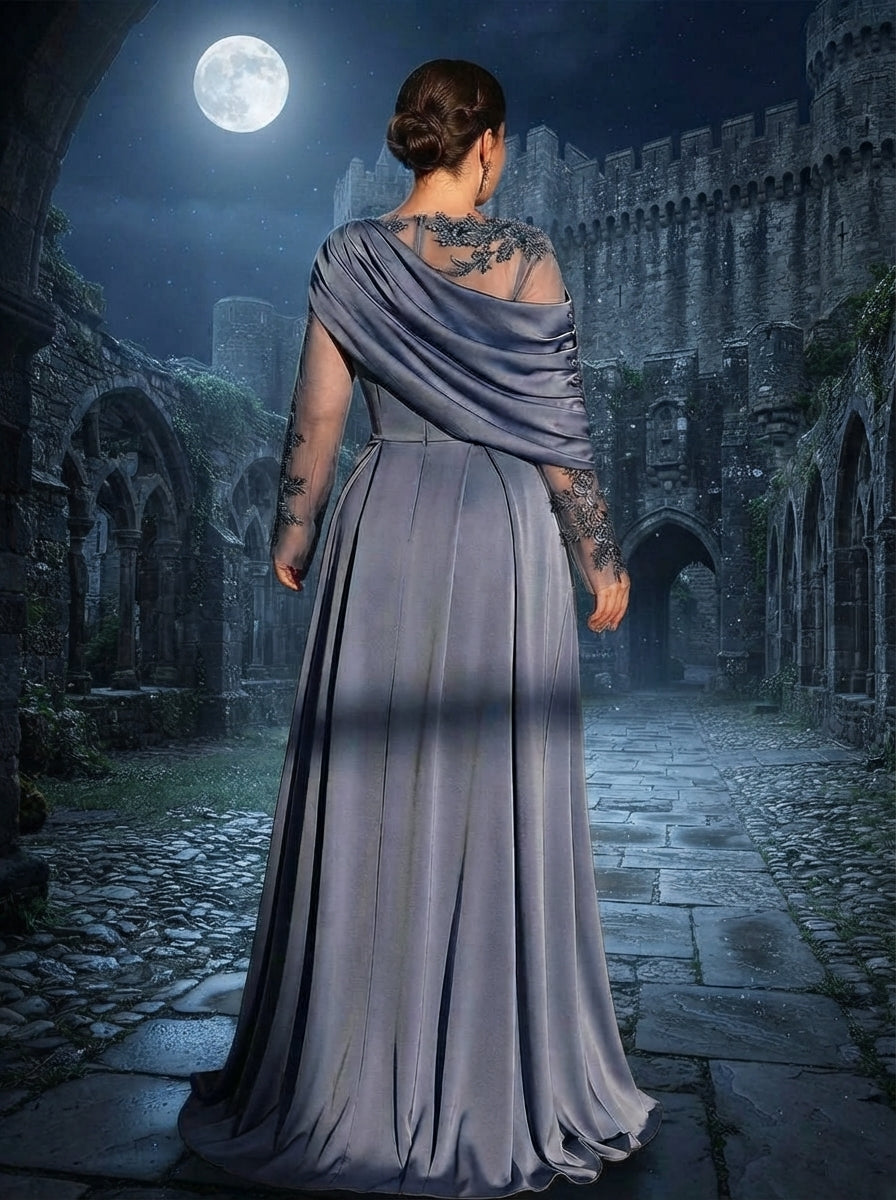 SDE3265 Plus Size Gray-Blue Satin Mesh Applique A-Line Gown