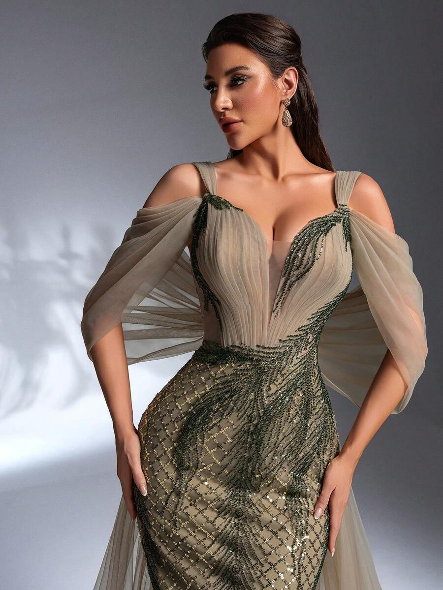 SD3268 Olive Green Sequin Beaded Ruffle Mermaid Gown