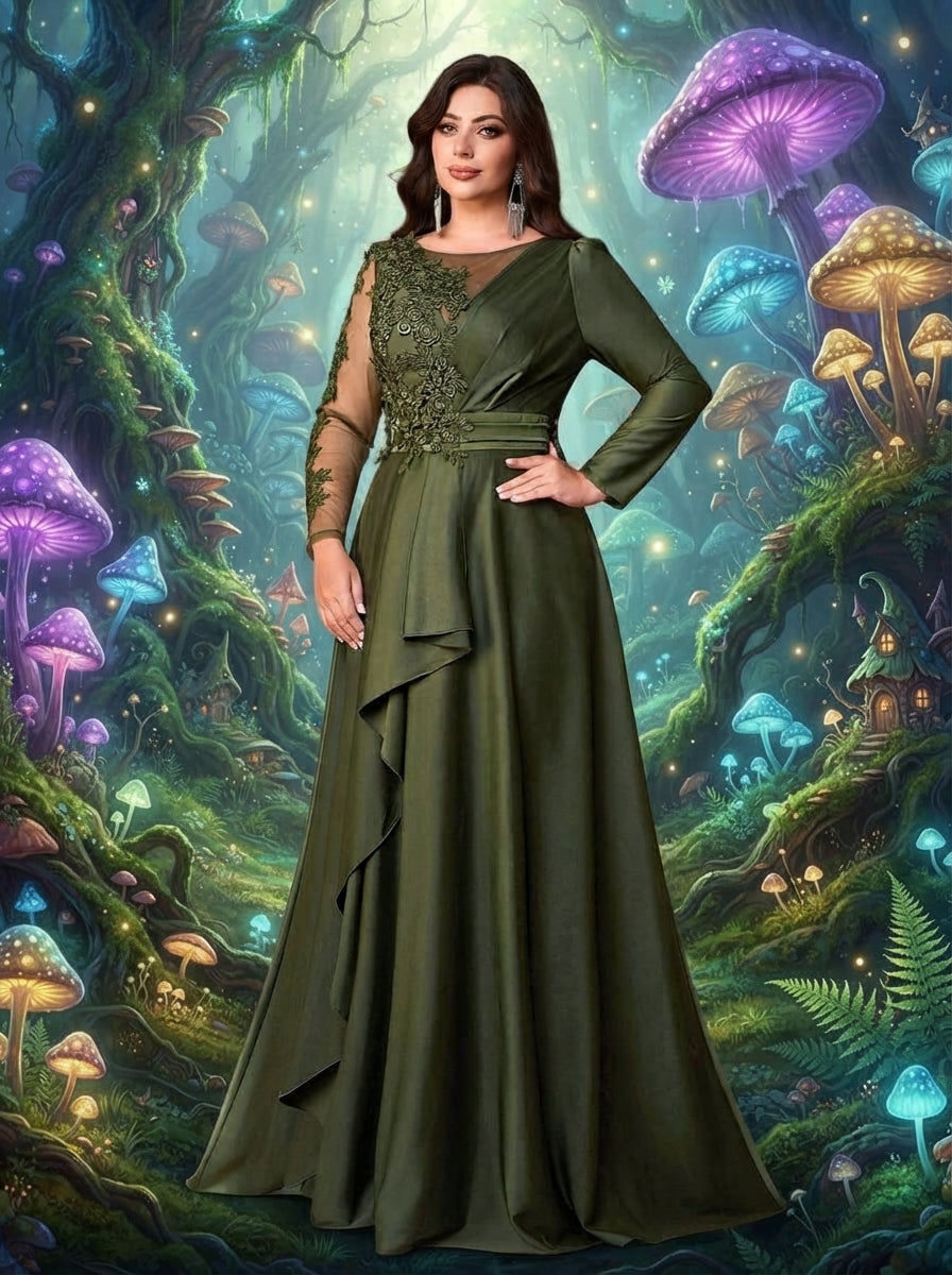 SDE3274 Plus Size Black & Military Green Sequin Asymmetric Gown
