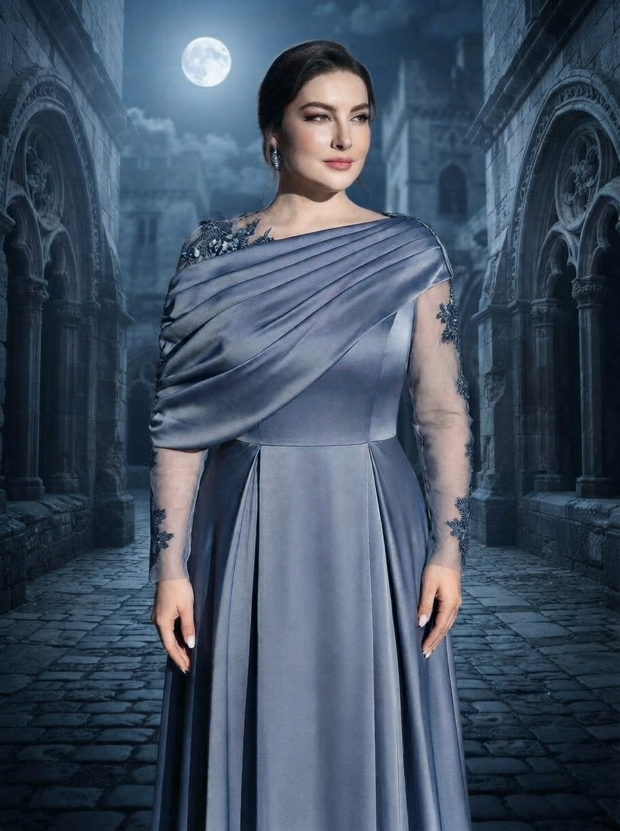SDE3265 Plus Size Gray-Blue Satin Mesh Applique A-Line Gown