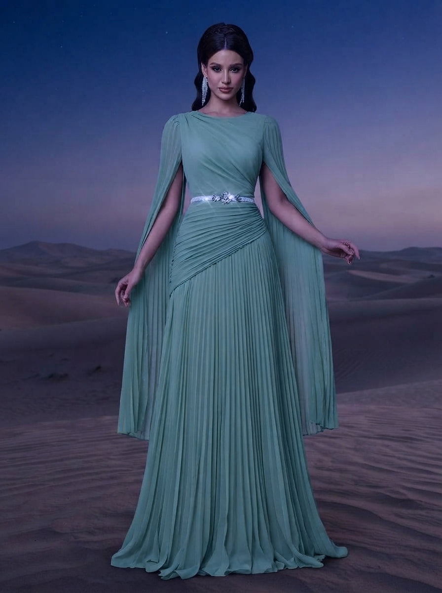 SDE3268 Blue Chiffon Pleated Evening Gown with Detachable Silver Belt