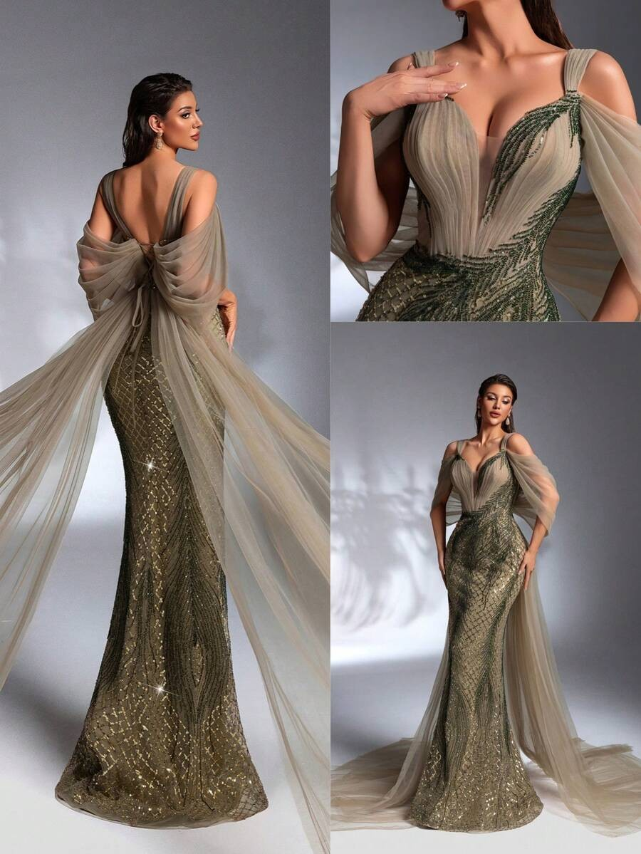SD3268 Olive Green Sequin Beaded Ruffle Mermaid Gown