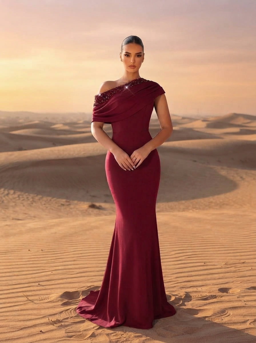 SDE3263 Black Sequined Embroidery One-Shoulder Fishtail Gown