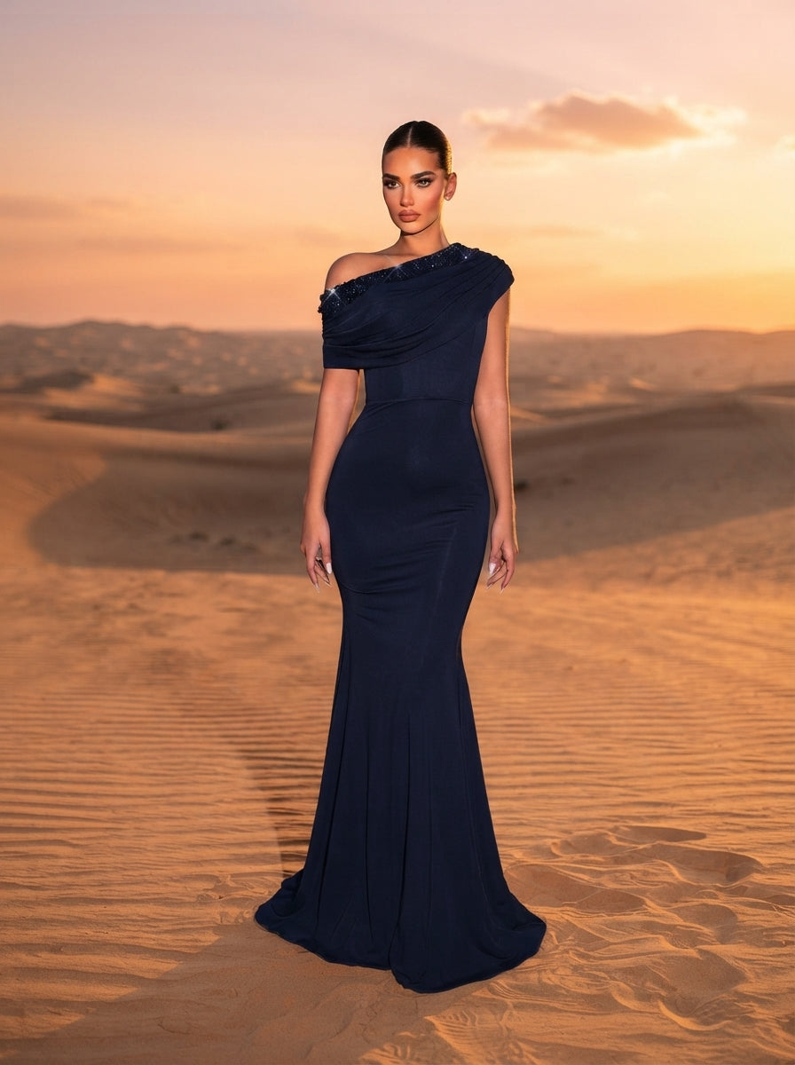 SDE3263 Black Sequined Embroidery One-Shoulder Fishtail Gown