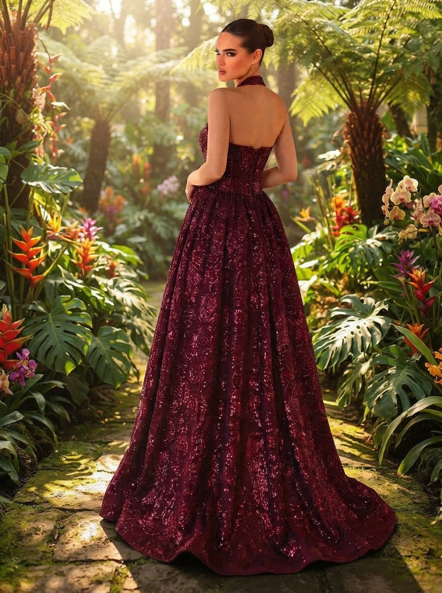 SDE3250 Elegant Burgundy Jacquard Halter Formal Evening Gown