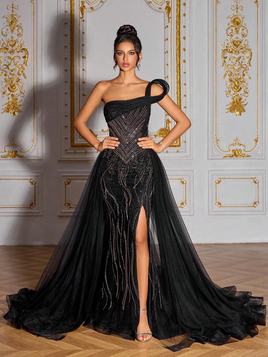 SD3274 3D Shaped Beaded Black High-Slit Gown