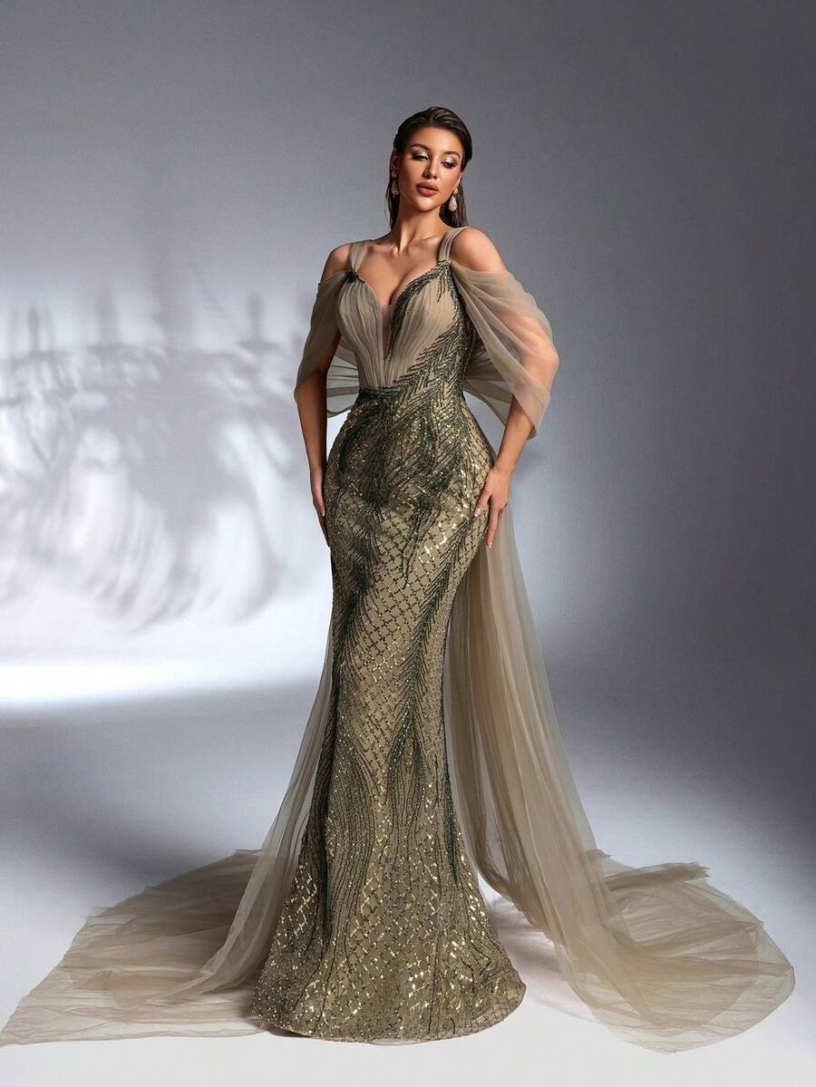 SD3268 Olive Green Sequin Beaded Ruffle Mermaid Gown