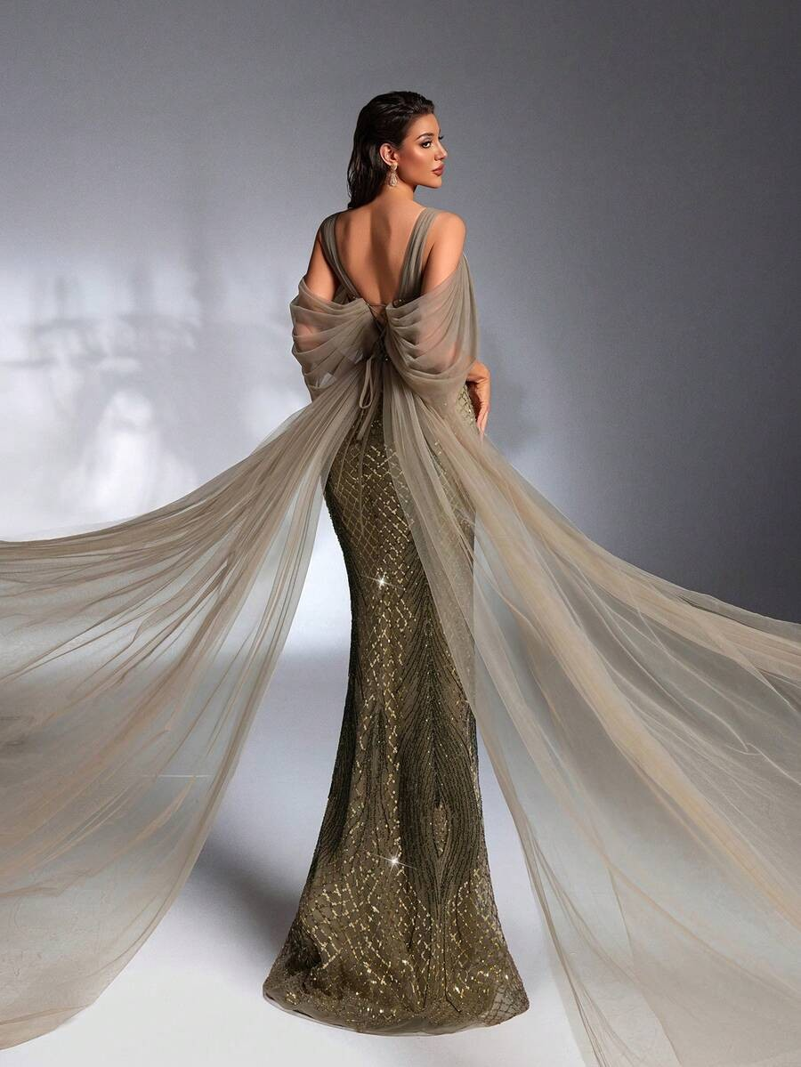 SD3268 Olive Green Sequin Beaded Ruffle Mermaid Gown