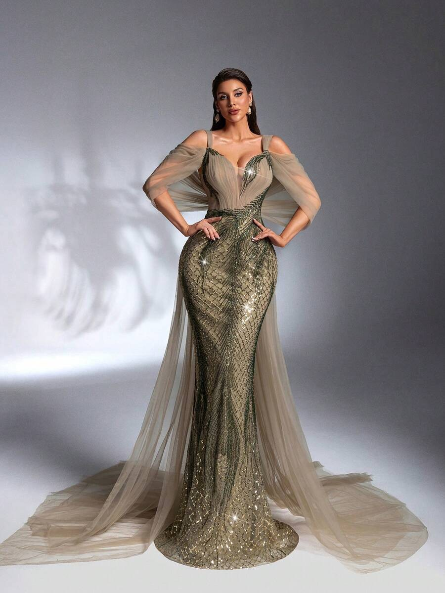 SD3268 Olive Green Sequin Beaded Ruffle Mermaid Gown