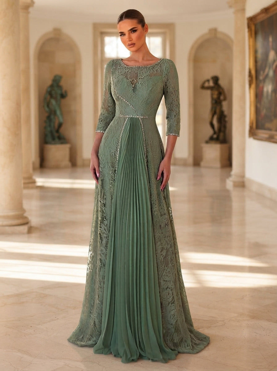 SDE3278 Luxury Lace Patchwork Chiffon Pleated Gown with Rhinestone Details