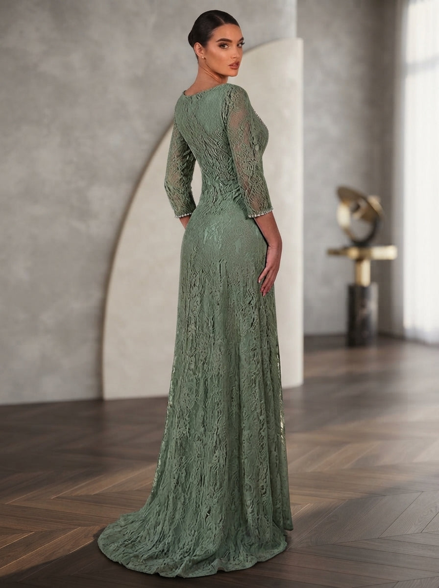 SDE3278 Luxury Lace Patchwork Chiffon Pleated Gown with Rhinestone Details