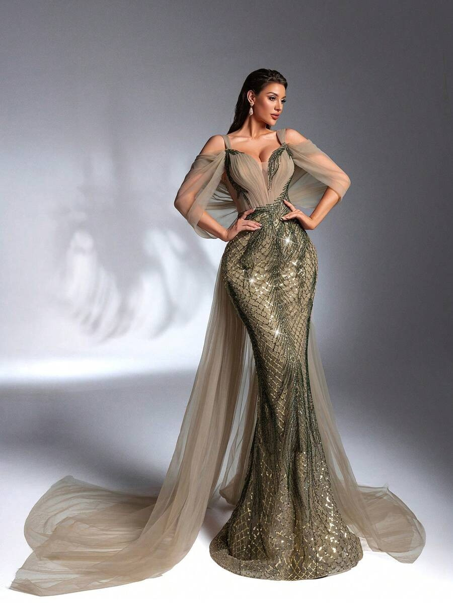 SD3268 Olive Green Sequin Beaded Ruffle Mermaid Gown