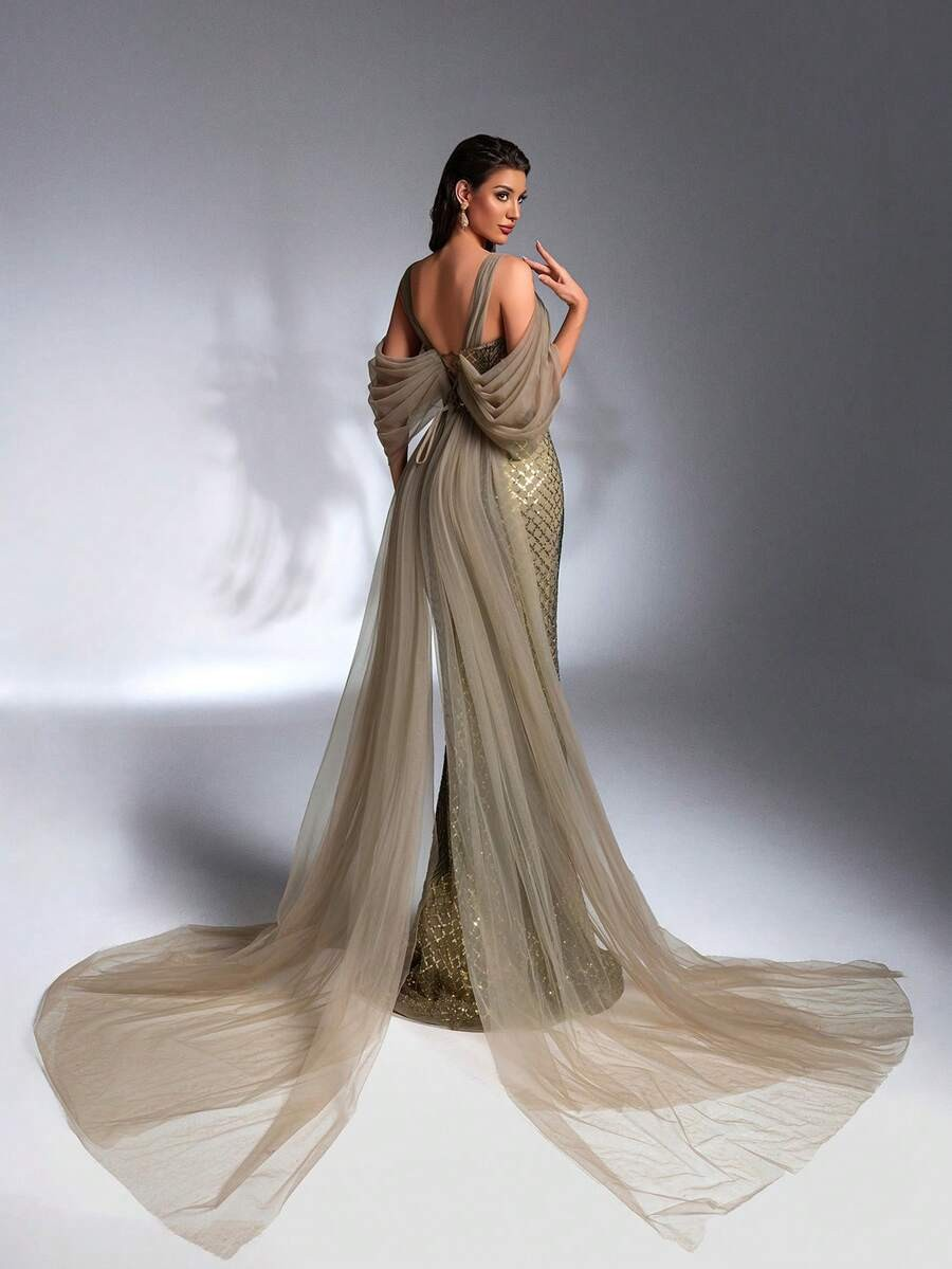SD3268 Olive Green Sequin Beaded Ruffle Mermaid Gown