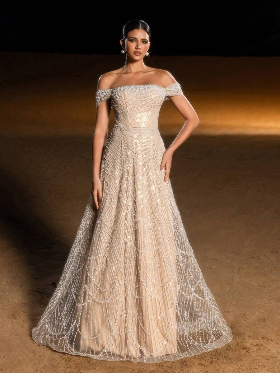 SD3216 Off-Shoulder Shimmering Fish Tail Gown