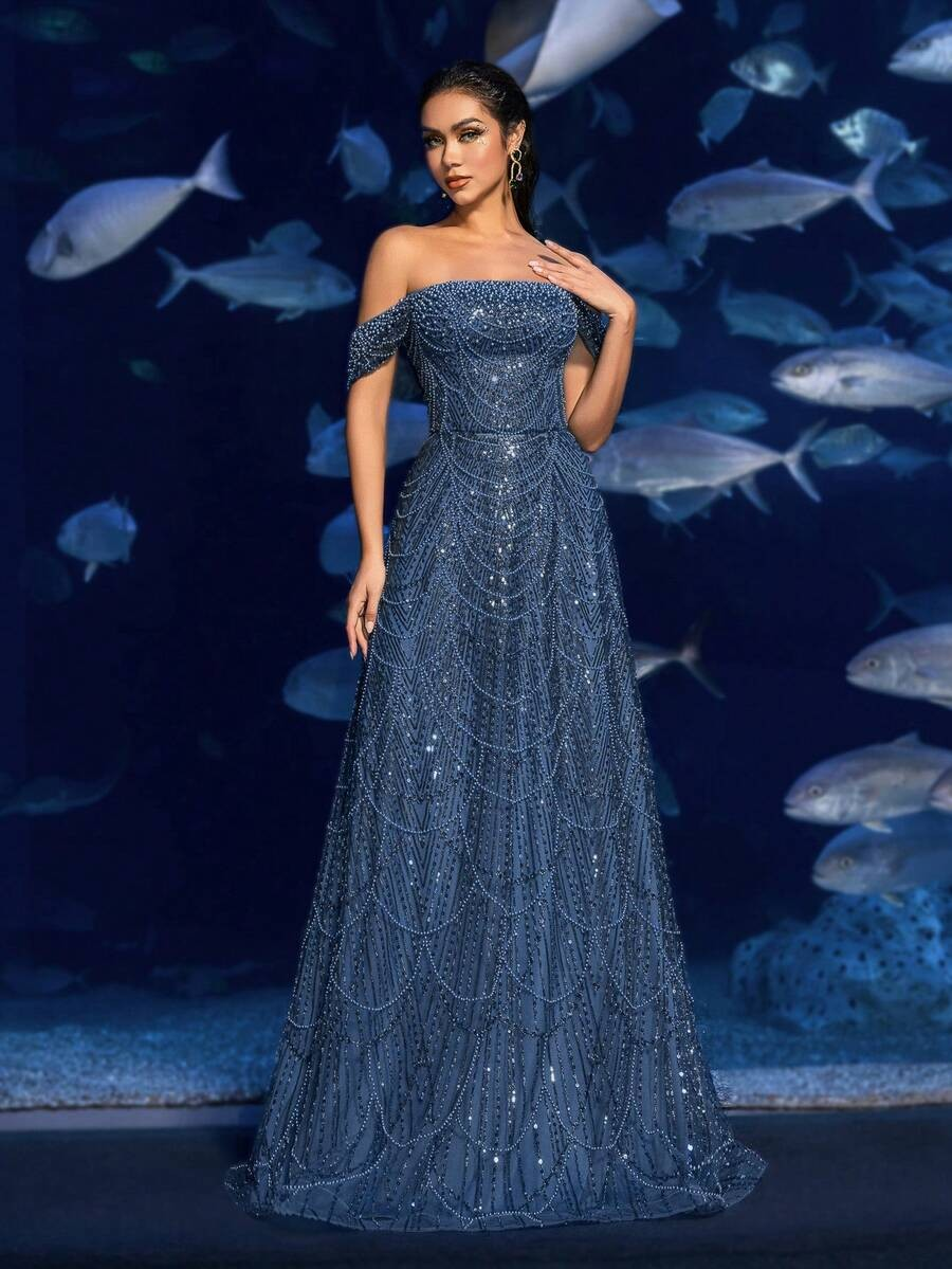 SD3216 Off-Shoulder Shimmering Fish Tail Gown