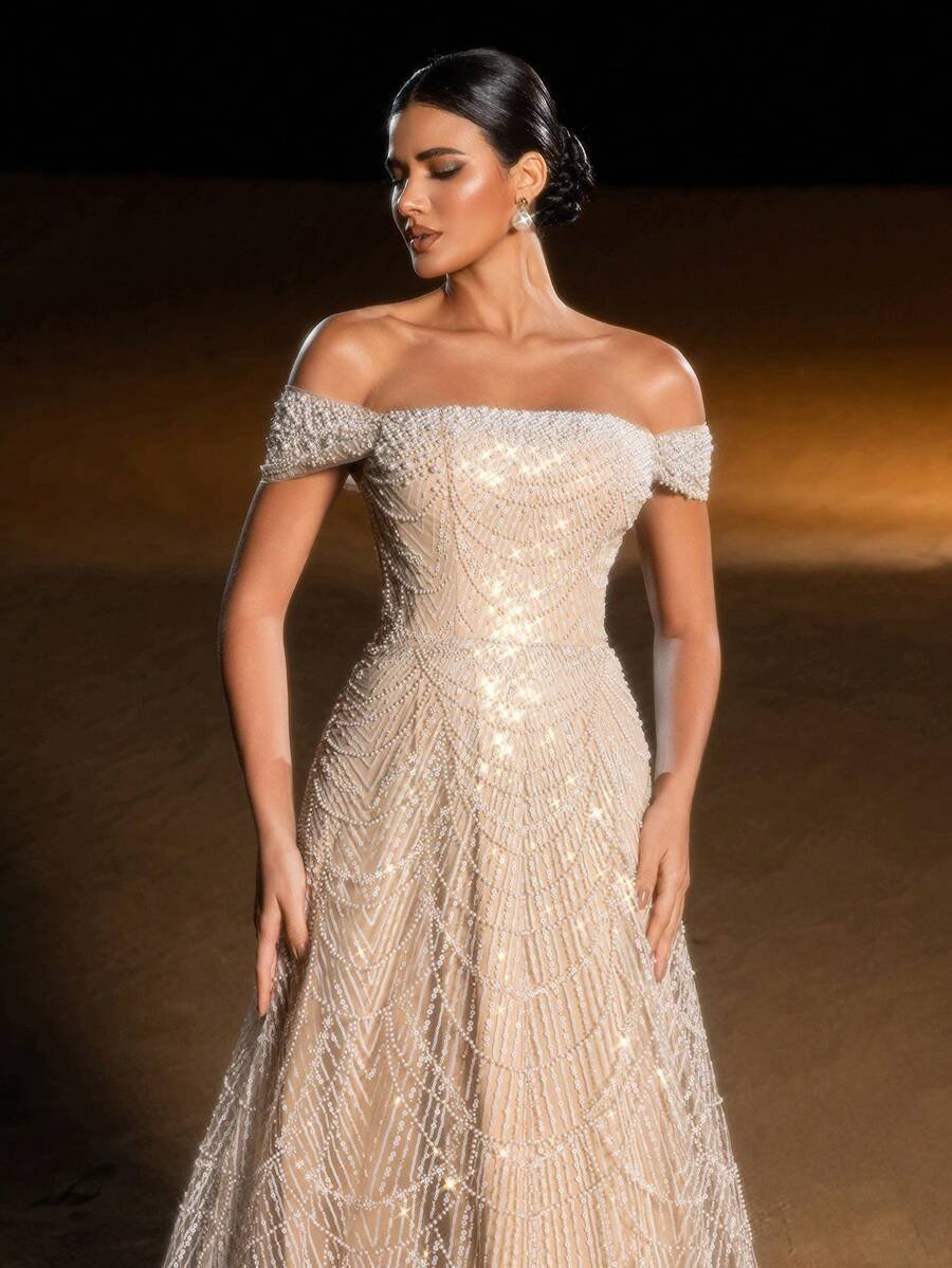SD3216 Off-Shoulder Shimmering Fish Tail Gown - 12/14 (L), Apricot image