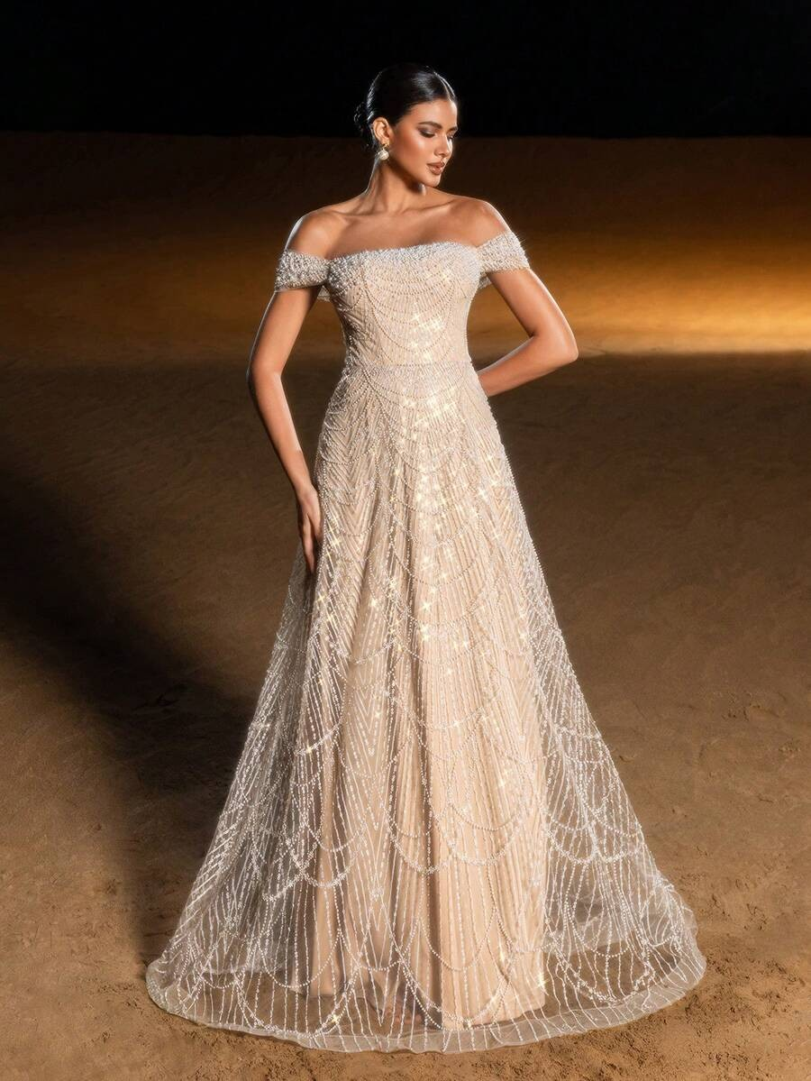 SD3216 Off-Shoulder Shimmering Fish Tail Gown