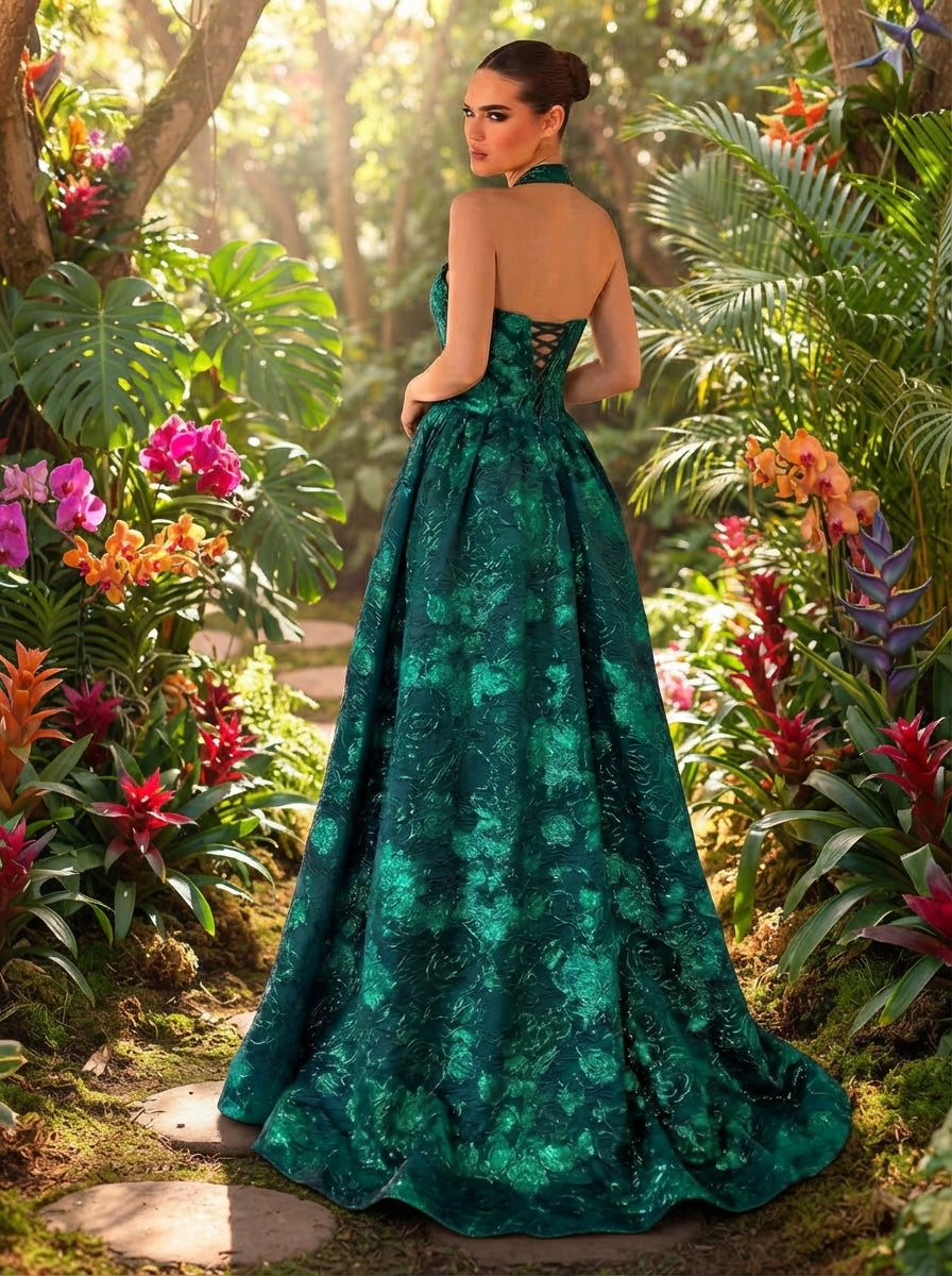 SDE3250 Elegant Burgundy Jacquard Halter Formal Evening Gown
