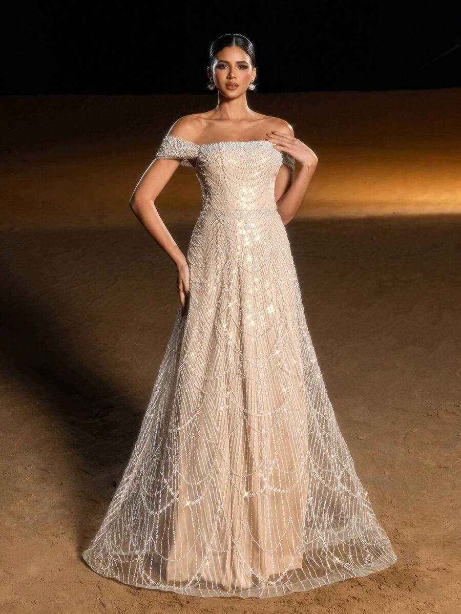 SD3216 Off-Shoulder Shimmering Fish Tail Gown