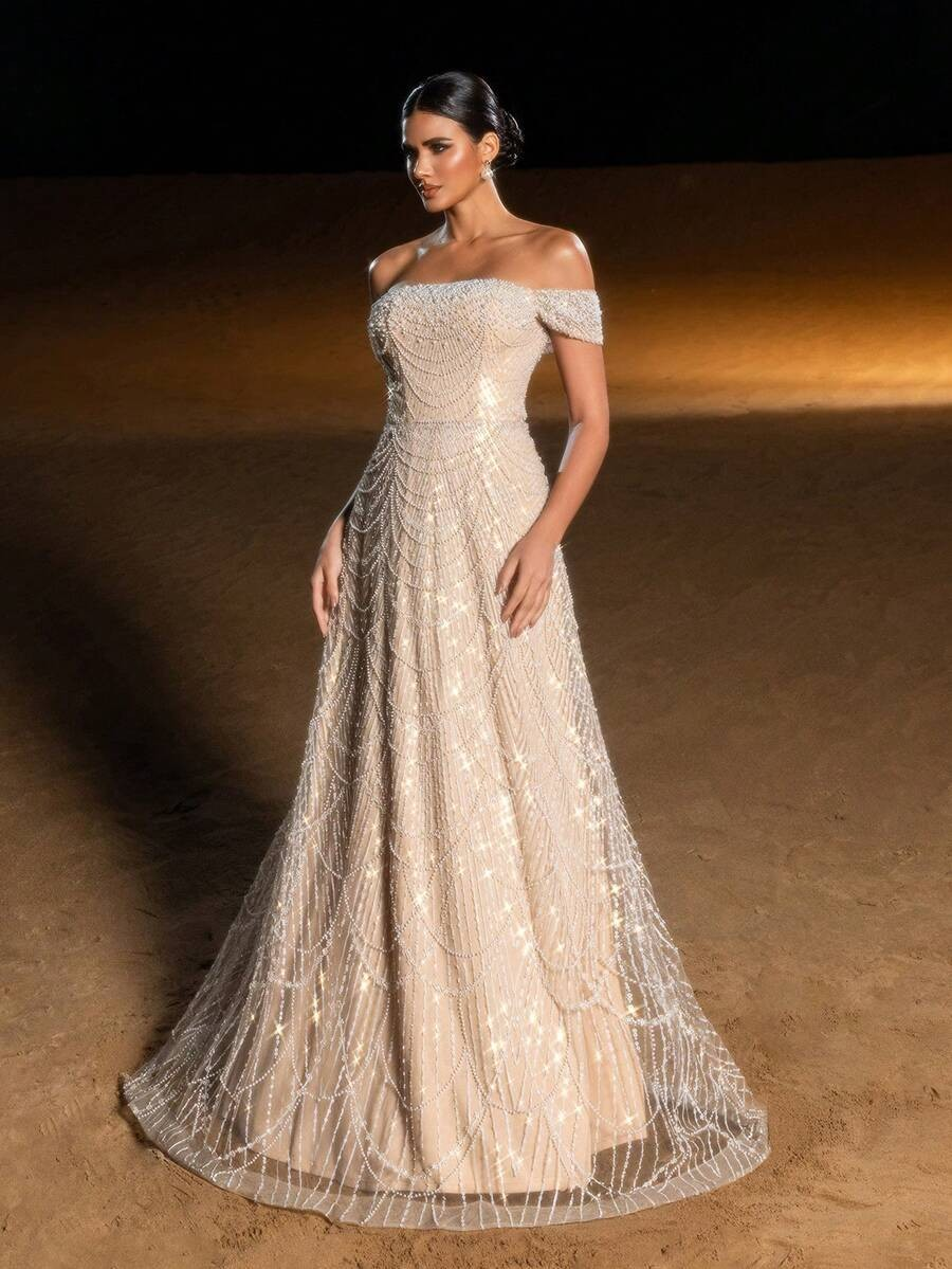 SD3216 Off-Shoulder Shimmering Fish Tail Gown