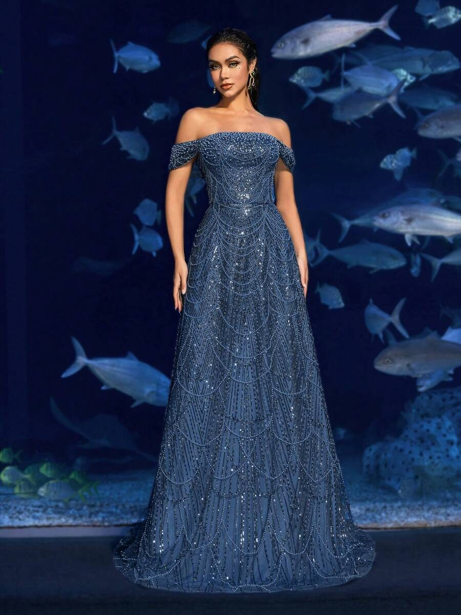 SD3216 Off-Shoulder Shimmering Fish Tail Gown