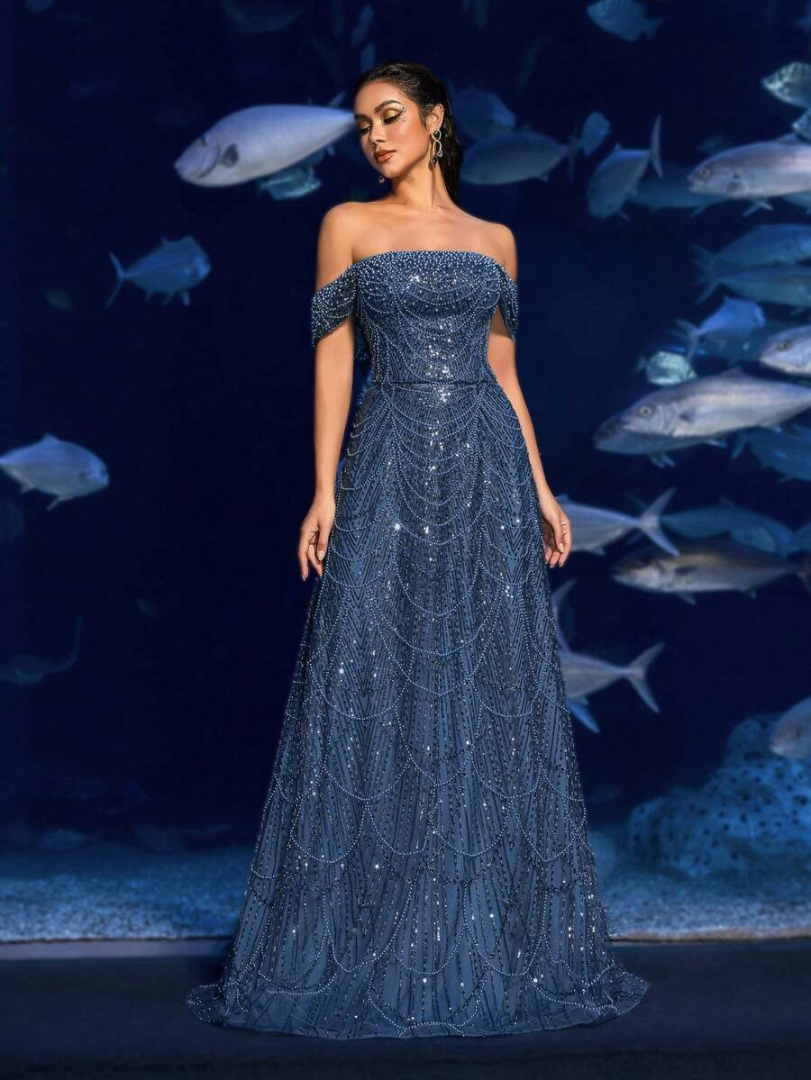SD3216 Off-Shoulder Shimmering Fish Tail Gown