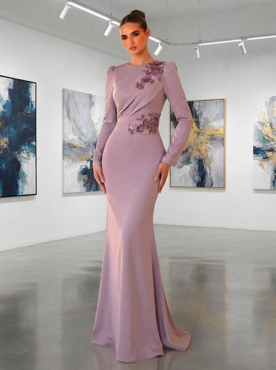 SDE3261 Gray-Purple Satin Lace Applique Mermaid Gown