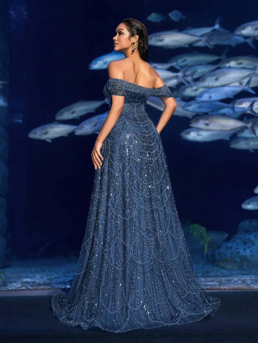 SD3216 Off-Shoulder Shimmering Fish Tail Gown