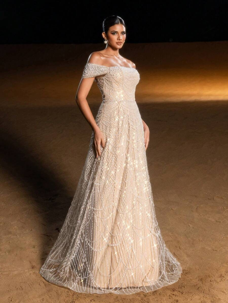SD3216 Off-Shoulder Shimmering Fish Tail Gown