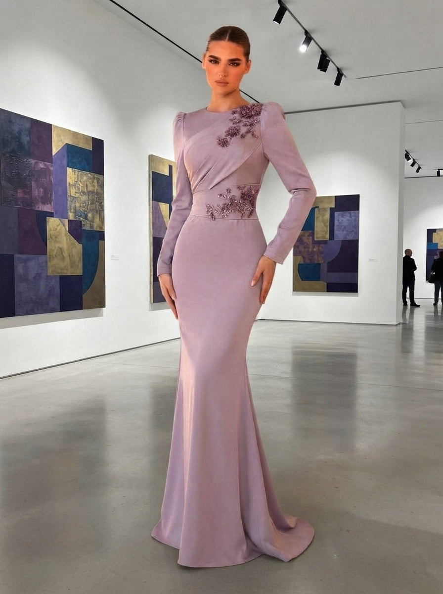 SDE3261 Gray-Purple Satin Lace Applique Mermaid Gown
