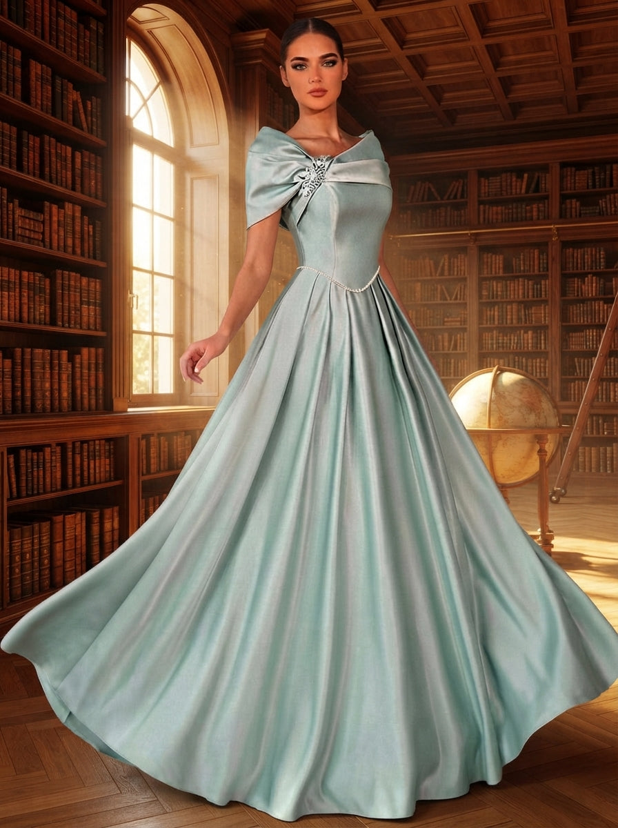 SDE3258 Light Gray-Green Satin Rhinestone Asymmetric Evening Gown