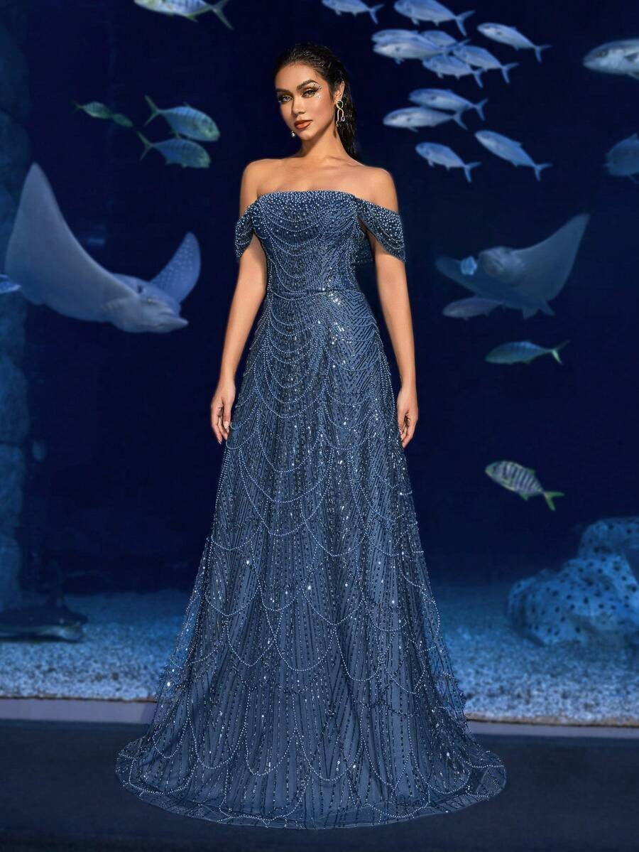 SD3216 Off-Shoulder Shimmering Fish Tail Gown