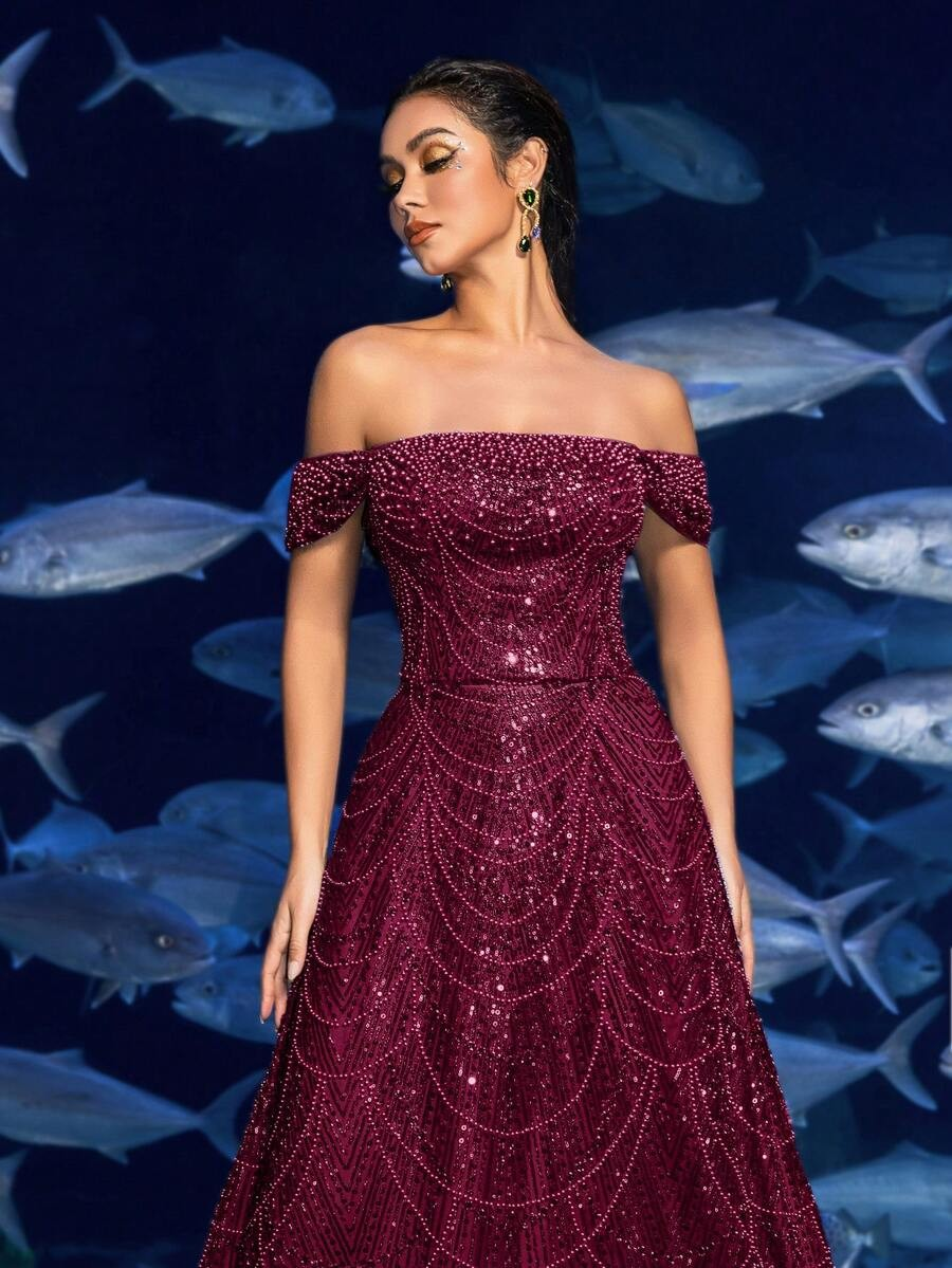 SD3216 Off-Shoulder Shimmering Fish Tail Gown