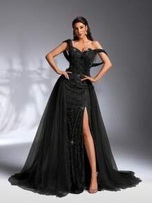 SD3173 Luxury Burgundy 3D Floral Trailing Gown - UK8(s), Black image